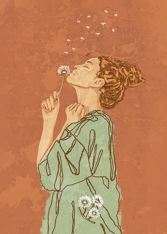 Illustrated woman in green dress blowing on dandelion against terracotta colored background-12