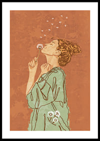 Illustrated woman in green dress blowing on dandelion against terracotta colored background-0