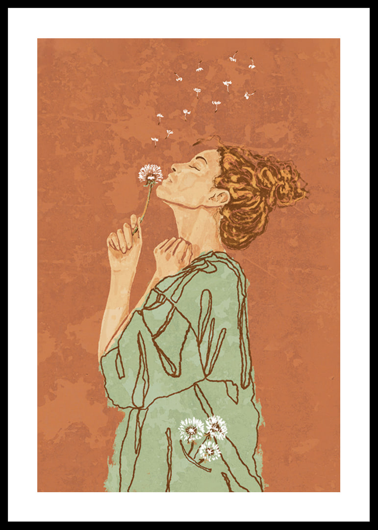Illustrated woman in green dress blowing on dandelion against terracotta colored background-12