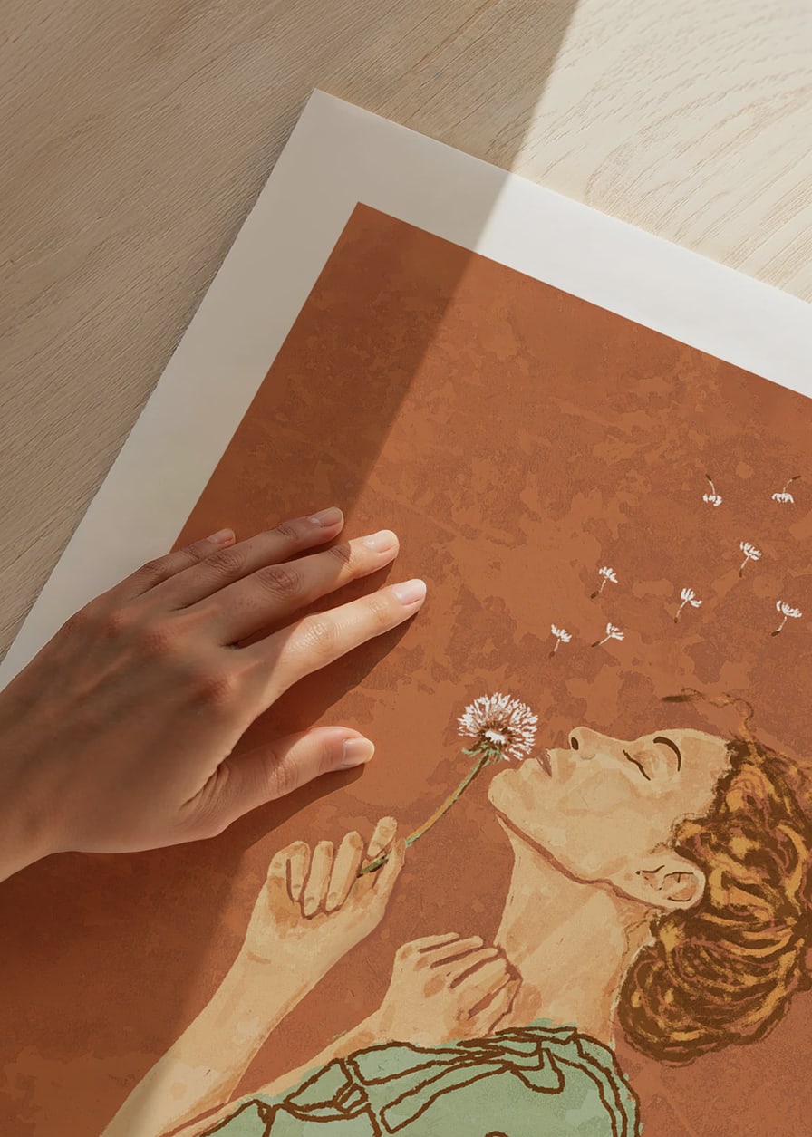 Illustrated woman in green dress blowing on dandelion against terracotta colored background-12