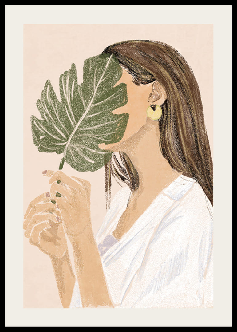 Femme illustrée aux longs cheveux bruns tenant une feuille verte-12