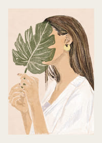Femme illustrée aux longs cheveux bruns tenant une feuille verte-3