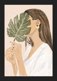Femme illustrée aux longs cheveux bruns tenant une feuille verte-5