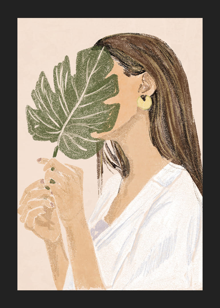 Femme illustrée aux longs cheveux bruns tenant une feuille verte-12