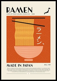 Illustration av ramen i skål med ätpinnar mot orange bakgrund-0