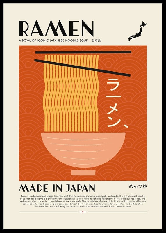 Illustration av ramen i skål med ätpinnar mot orange bakgrund-12