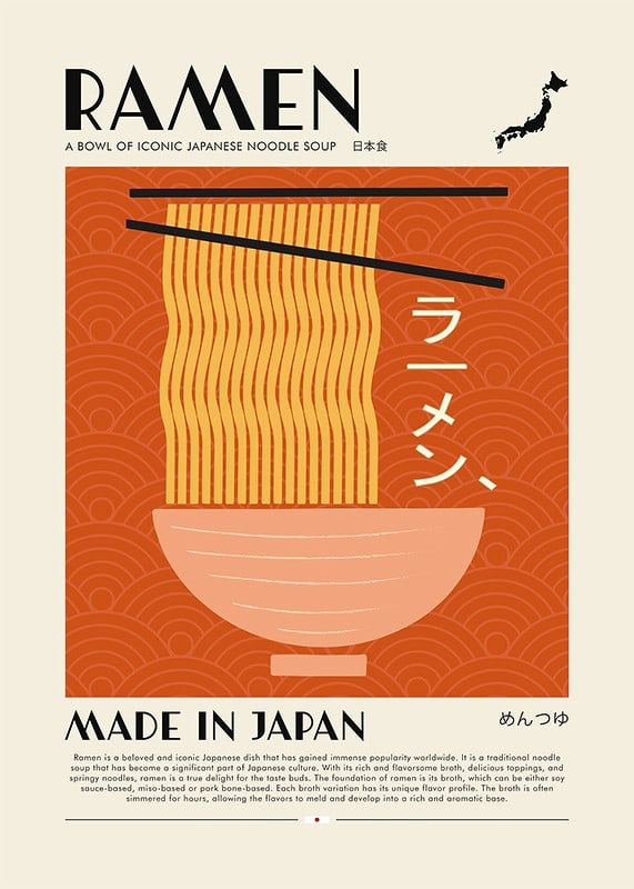 Illustration av ramen i skål med ätpinnar mot orange bakgrund-12