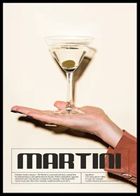 Photograph of martini glass with olive on hand against beige background-0