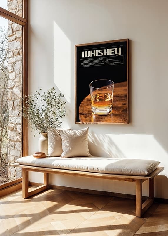 Photograph of whiskey glass on wooden table against black background-12