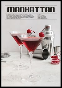 Två Manhattan-cocktails med körsbär, barredskap och recepttext-0