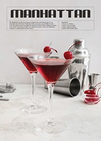 Två Manhattan-cocktails med körsbär, barredskap och recepttext-1
