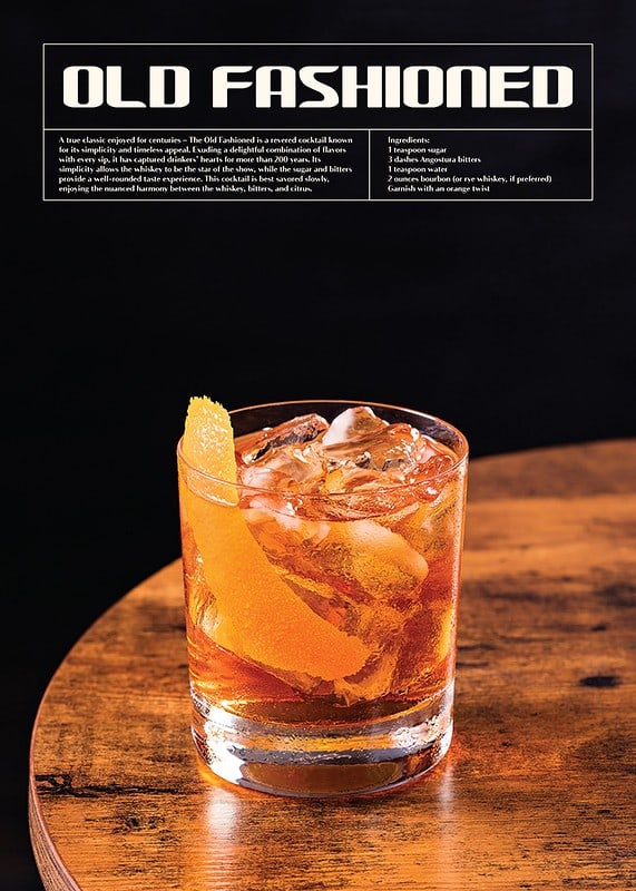 Old Fashioned cocktail with orange zest on wooden table-12