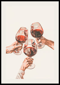 Ilustração de três mãos brindando com taças de vinho tinto-2