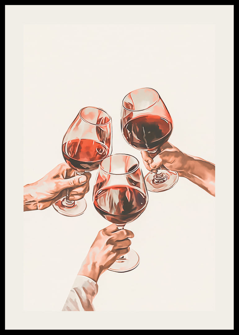 Ilustração de três mãos brindando com taças de vinho tinto-12