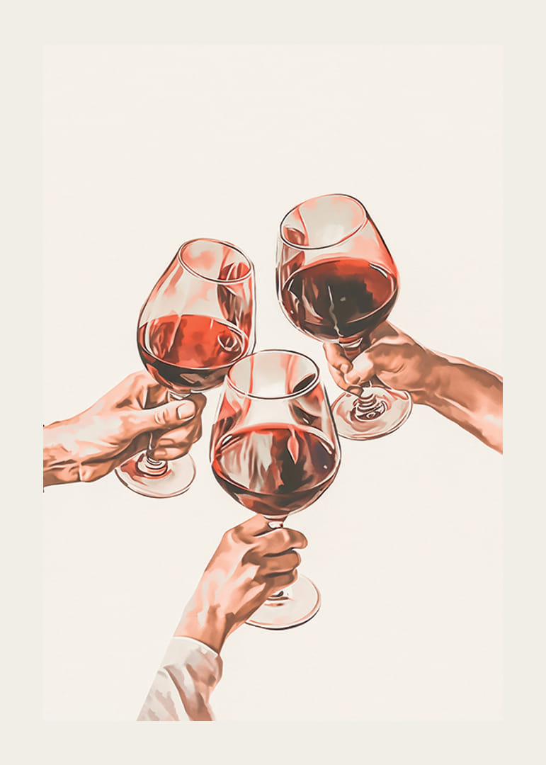 Ilustração de três mãos brindando com taças de vinho tinto-12