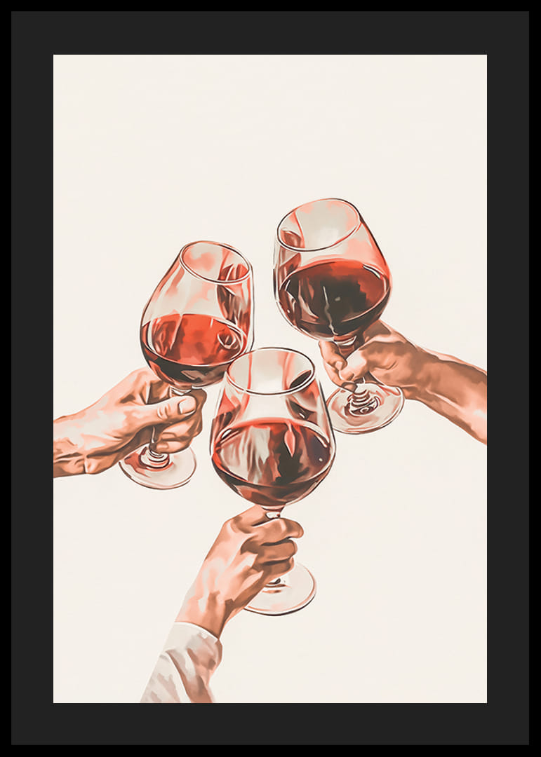 Ilustração de três mãos brindando com taças de vinho tinto-12
