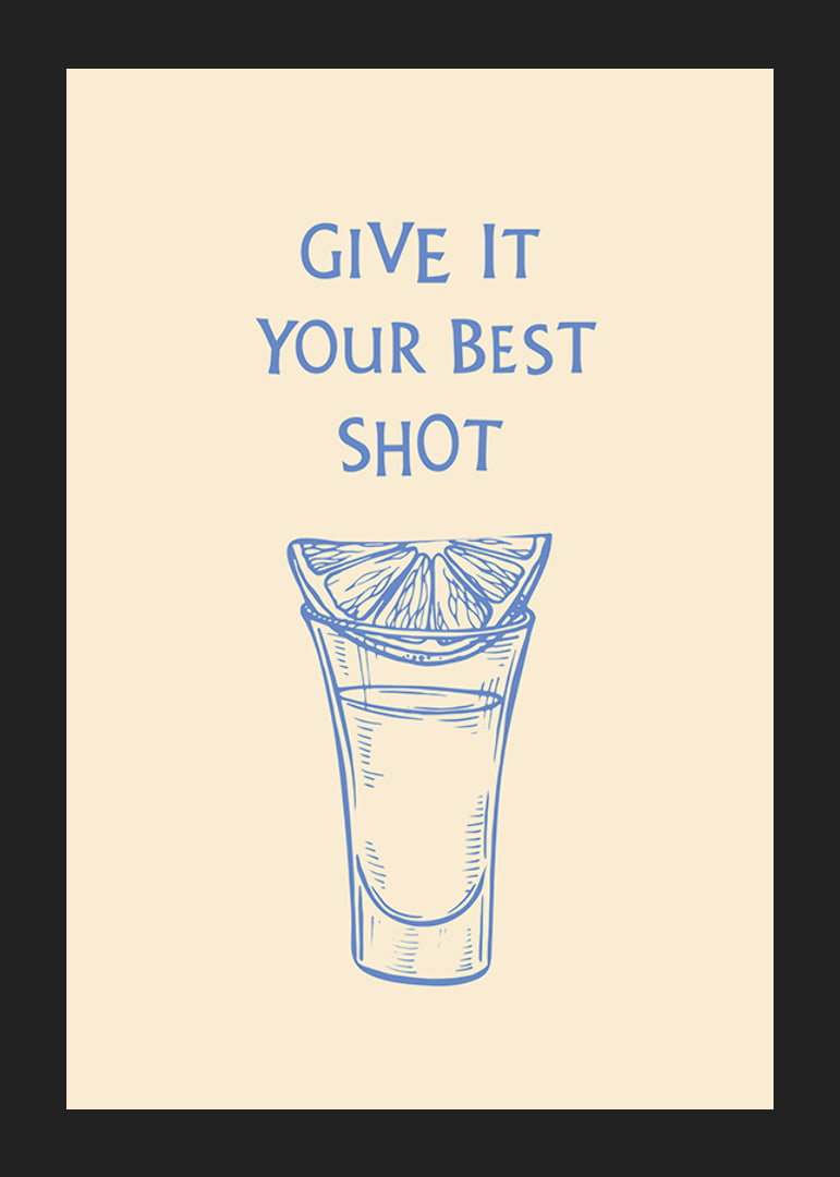 Illustration of shot glass with lemon slice and blue text-12