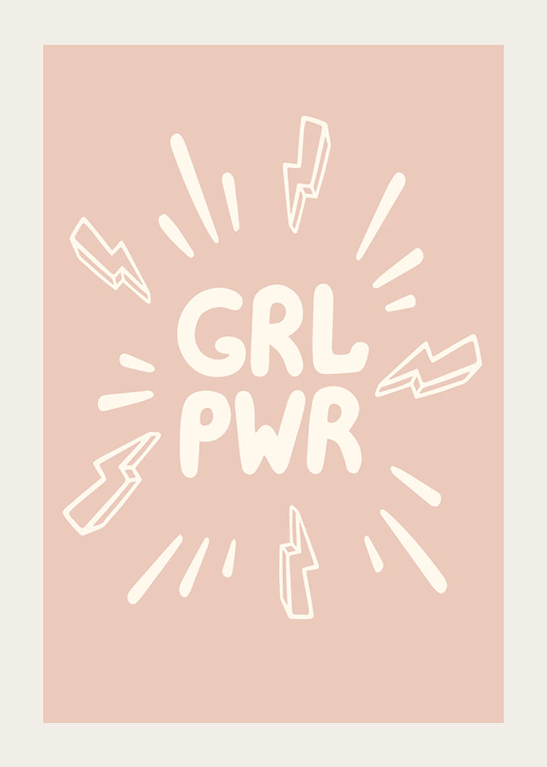 Illustrazione con il testo GRL PWR e fulmini su sfondo rosa-12