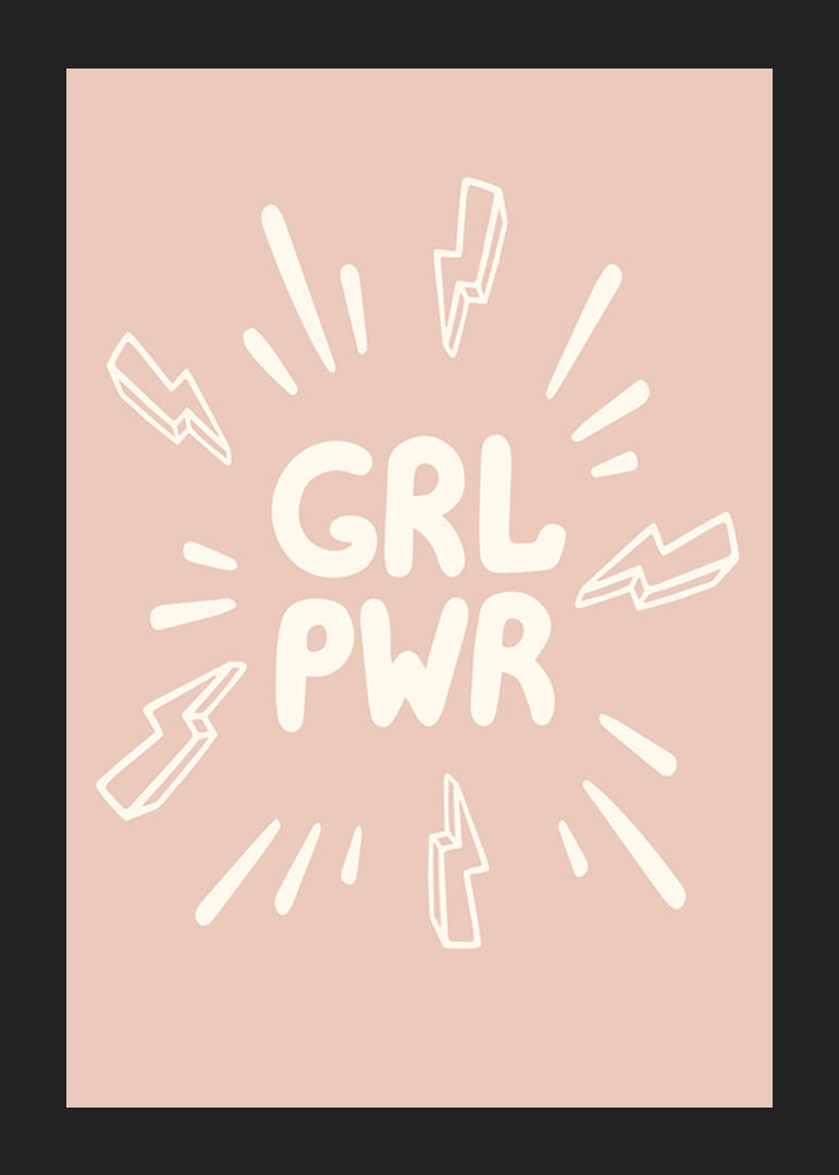Illustrazione con il testo GRL PWR e fulmini su sfondo rosa-12