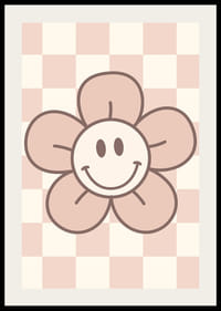 Geïllustreerde bloem met lachend gezicht op roze geblokte achtergrond-2