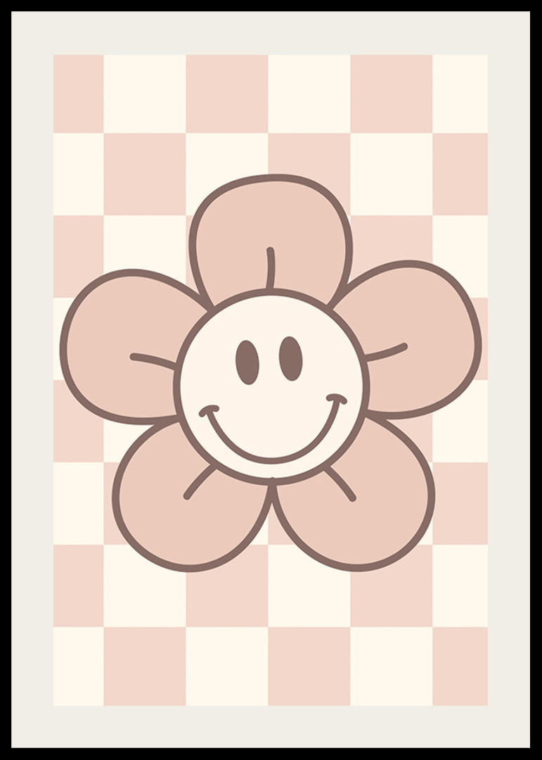 Geïllustreerde bloem met lachend gezicht op roze geblokte achtergrond-12