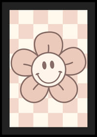 Geïllustreerde bloem met lachend gezicht op roze geblokte achtergrond-4