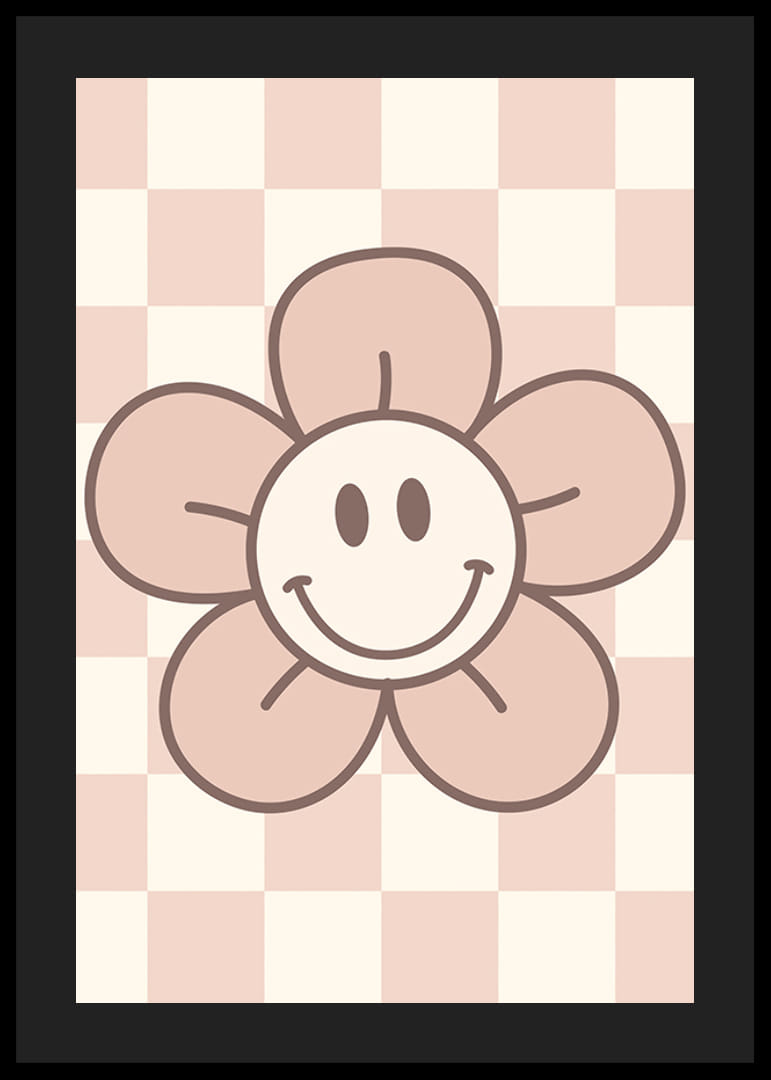 Geïllustreerde bloem met lachend gezicht op roze geblokte achtergrond-12