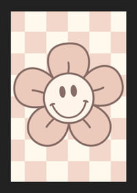 Geïllustreerde bloem met lachend gezicht op roze geblokte achtergrond-5
