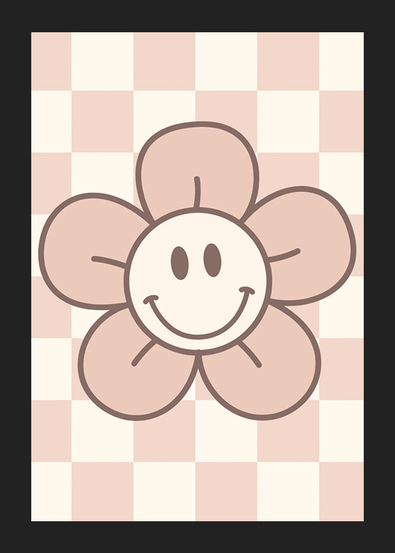 Geïllustreerde bloem met lachend gezicht op roze geblokte achtergrond-12