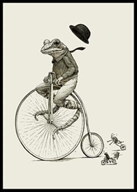 Detailed illustration of frog on high wheel with bow tie-6