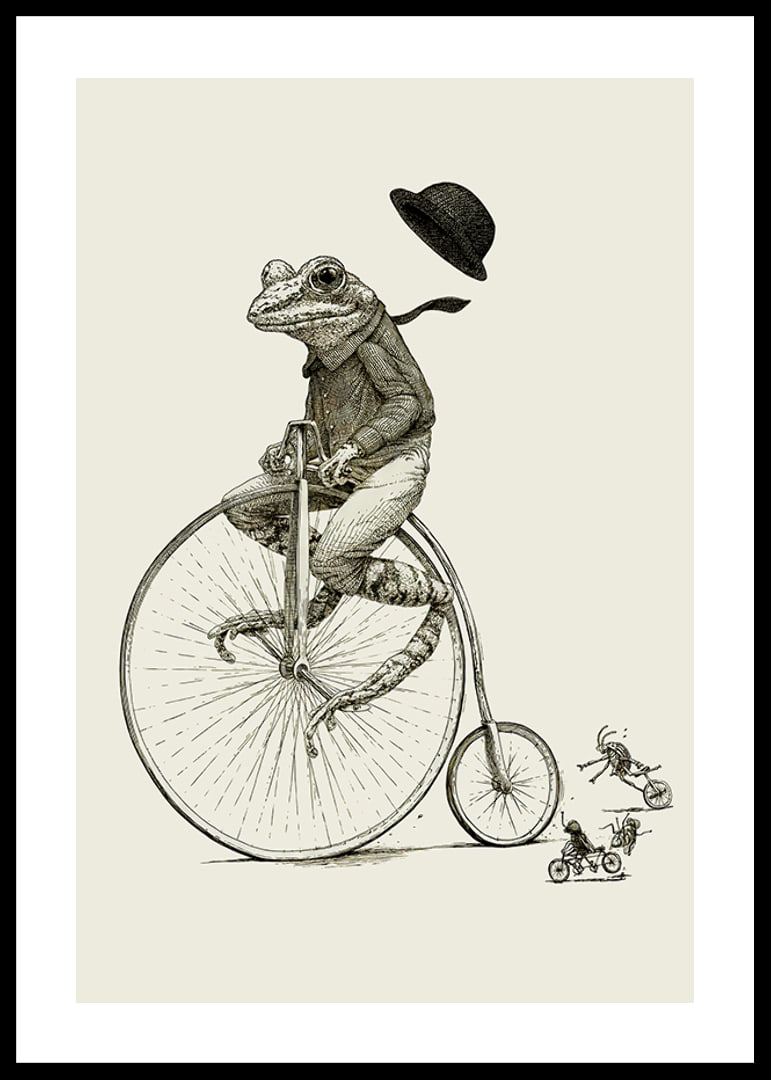 Detailed illustration of frog on high wheel with bow tie-12