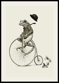 Detailed illustration of frog on high wheel with bow tie-2