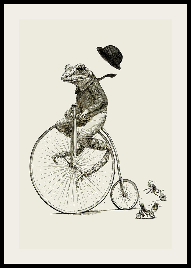 Detailed illustration of frog on high wheel with bow tie-12