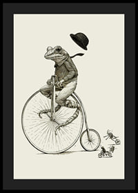 Detailed illustration of frog on high wheel with bow tie-4