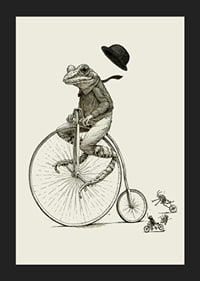 Detailed illustration of frog on high wheel with bow tie-5