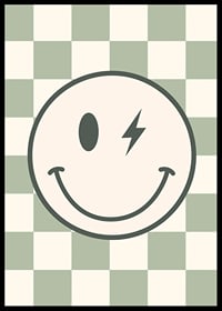 Graphic smiley with lightning detail on green and white checkered background-6