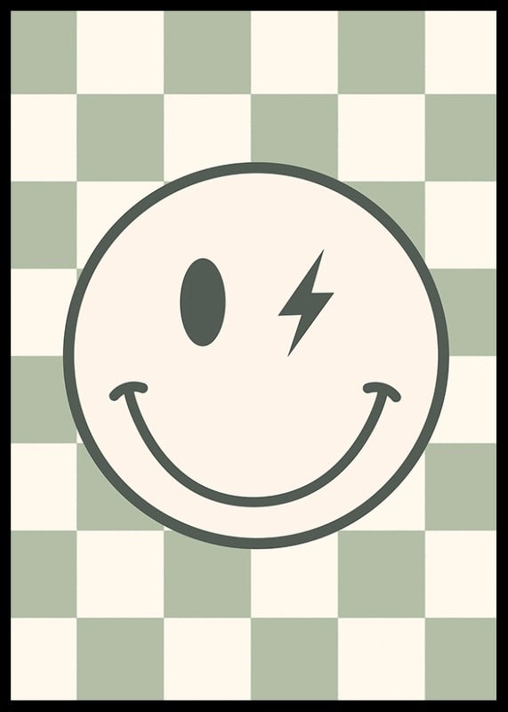 Graphic smiley with lightning detail on green and white checkered background-12