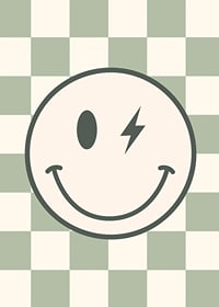 Graphic smiley with lightning detail on green and white checkered background-7