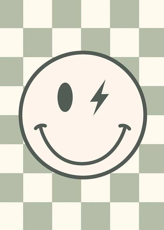 Graphic smiley with lightning detail on green and white checkered background-12