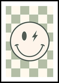 Graphic smiley with lightning detail on green and white checkered background-0