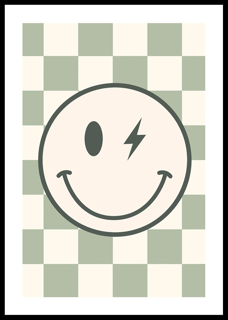 Graphic smiley with lightning detail on green and white checkered background-12