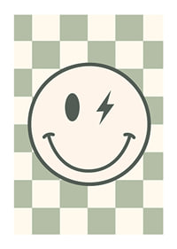 Graphic smiley with lightning detail on green and white checkered background-1