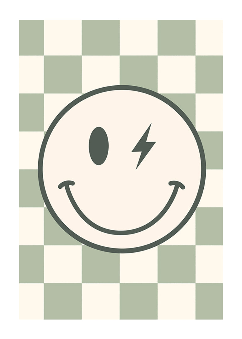 Graphic smiley with lightning detail on green and white checkered background-12