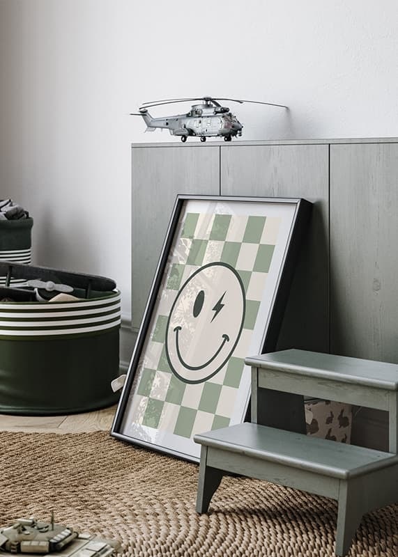 Graphic smiley with lightning detail on green and white checkered background-12