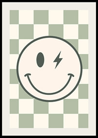 Graphic smiley with lightning detail on green and white checkered background-2
