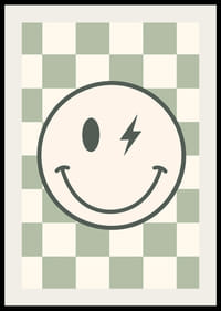 Grafische smiley met bliksemdetails op een groen-wit geblokte achtergrond-2