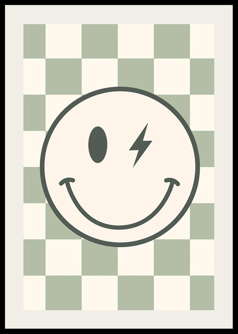 Grafische smiley met bliksemdetails op een groen-wit geblokte achtergrond-12