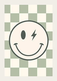 Graphic smiley with lightning detail on green and white checkered background-3