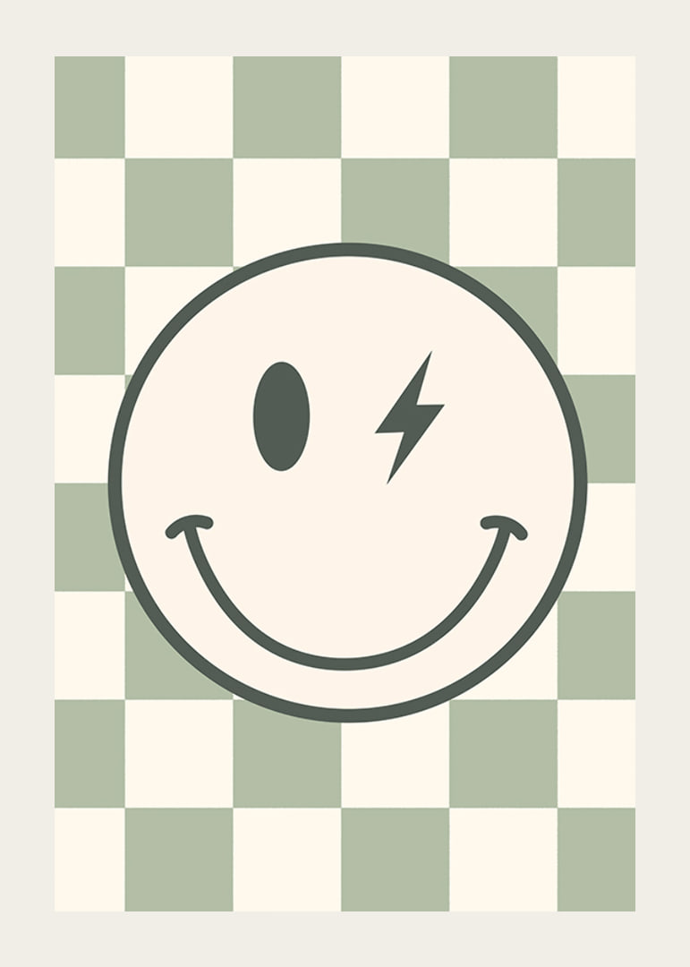 Graphic smiley with lightning detail on green and white checkered background-12