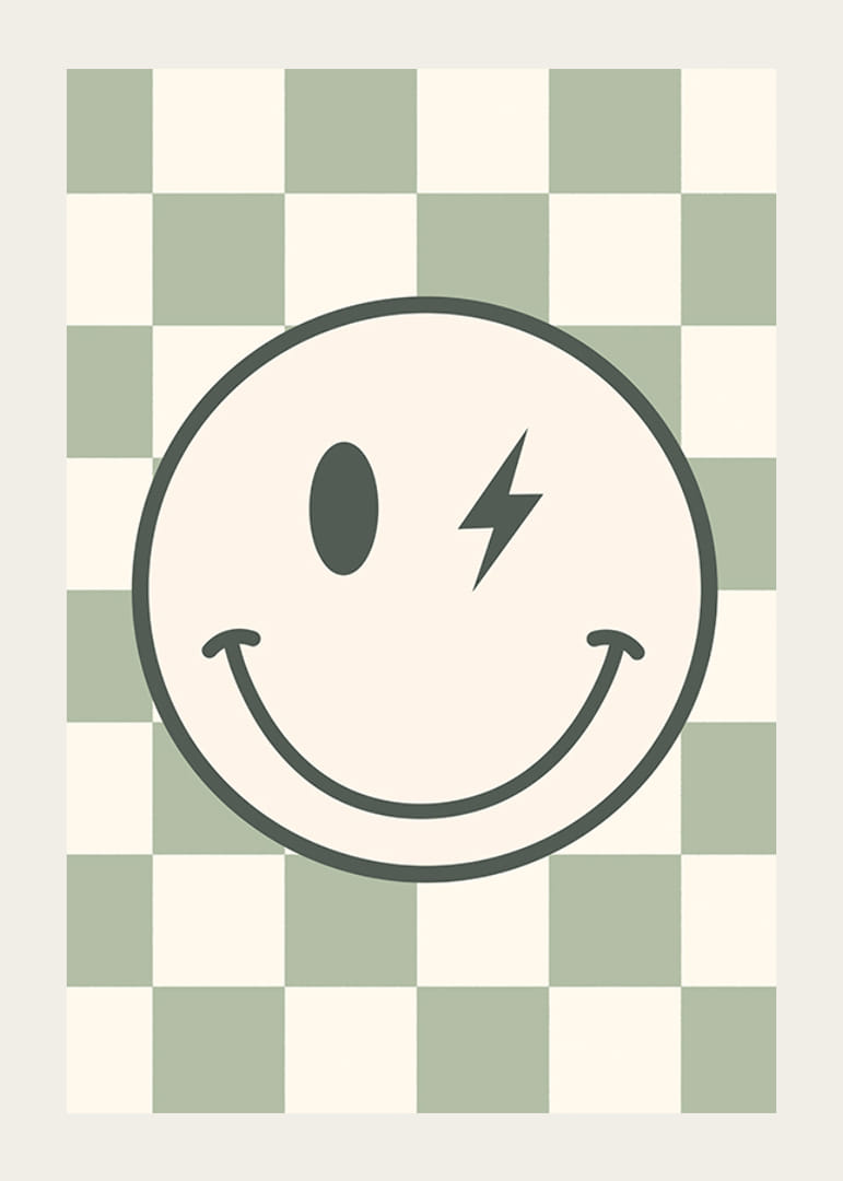 Grafische smiley met bliksemdetails op een groen-wit geblokte achtergrond-12